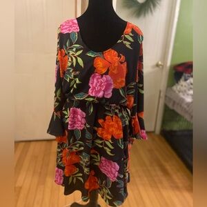 Romantic Express Black Tiered Dress with Vibrant Floral Accents Bell Sleeves L